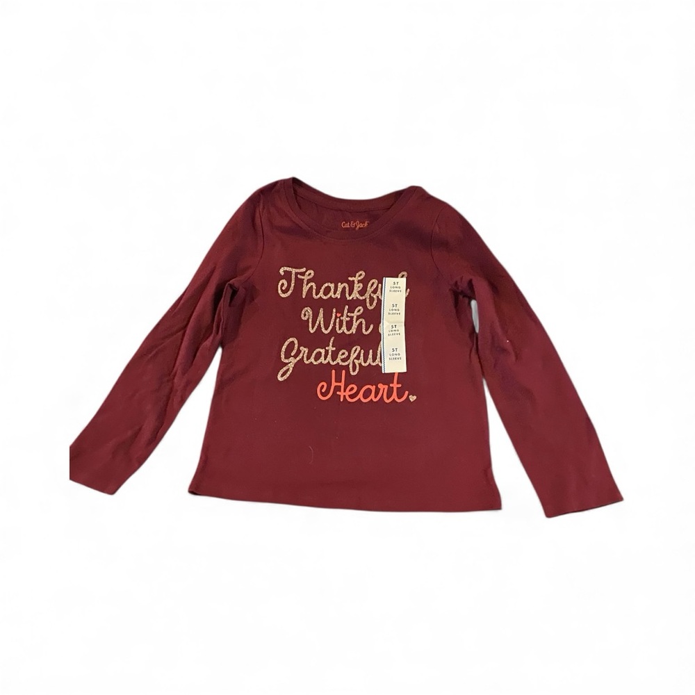Cat & Jack Burgundy Long Sleeve Tee with Thankful with a Grateful Heart NWT